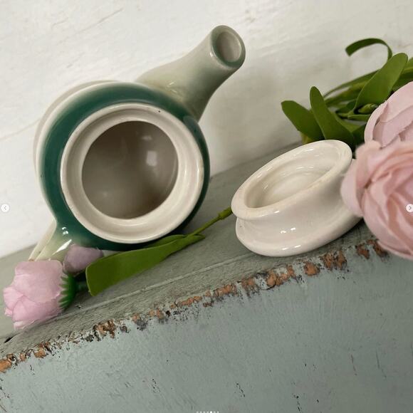 Vintage Ceramic Teapot Individual Green Rim Lid Restaurant Ware Sexton USA - Picture 5 of 7